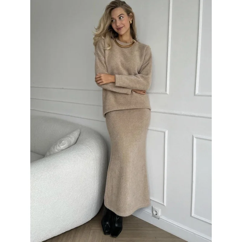 2025Herfst en winter elegante zachte verdikte trui met ronde hals + tweedelige zeemeerminjurkset, vrouwelijkOLWind top + rokpak