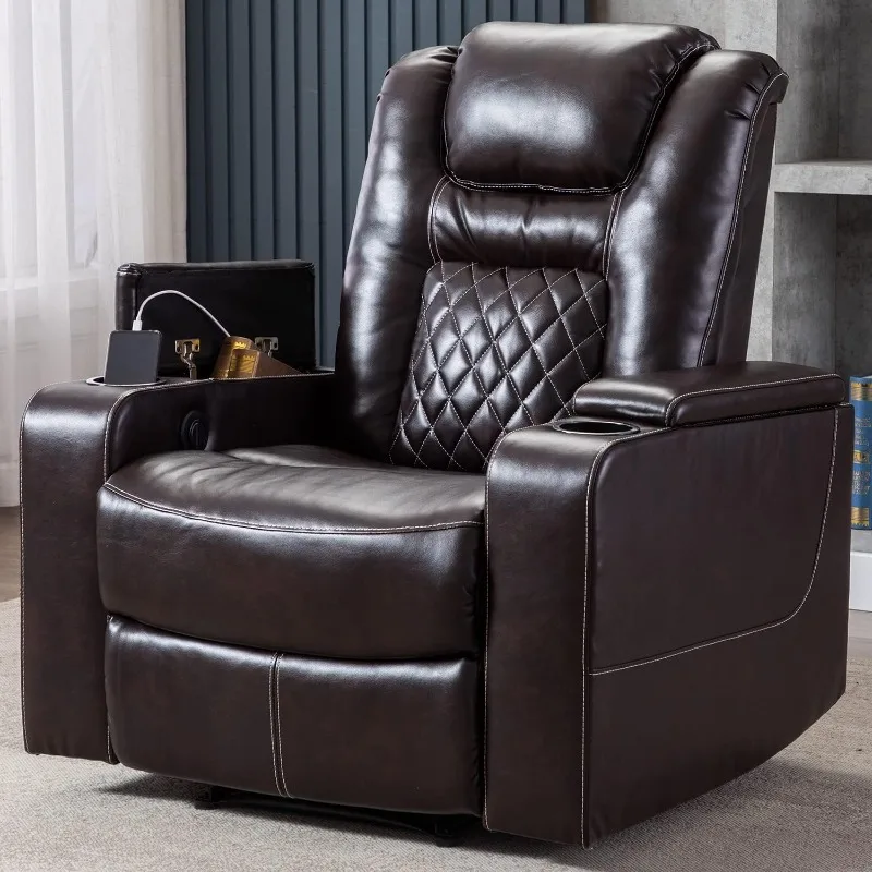 CANMOV Electric Power Recliner Chair with USB Ports and Cup Holders, Breathable Leather Home Theater Seating with Hidden Arm Sto