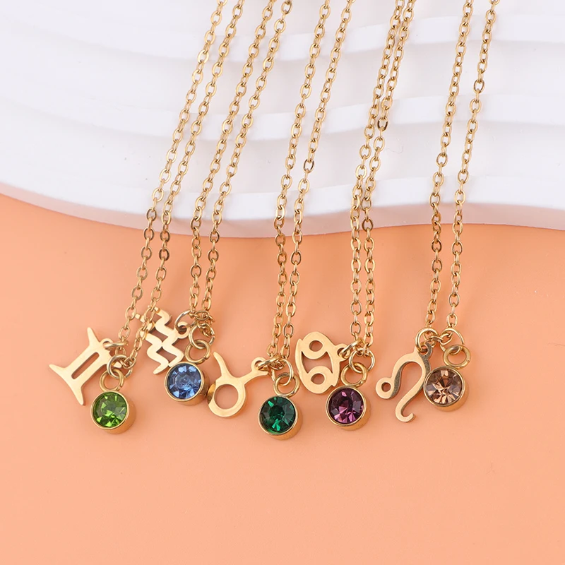 10pcs/lot Stainless Steel 12 Zodiac Sign Birthstones Pendants Necklaces for Woman 12 Constellation Birthday Gift Wholesale