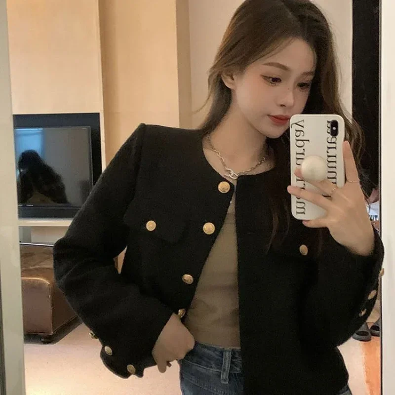 

Deeptown Cropped Tweed Jacket Women Vintage Aesthetic Korean Fashion Harajuku Chic Elegant Jackets Autumn Winter Cardigan Coat