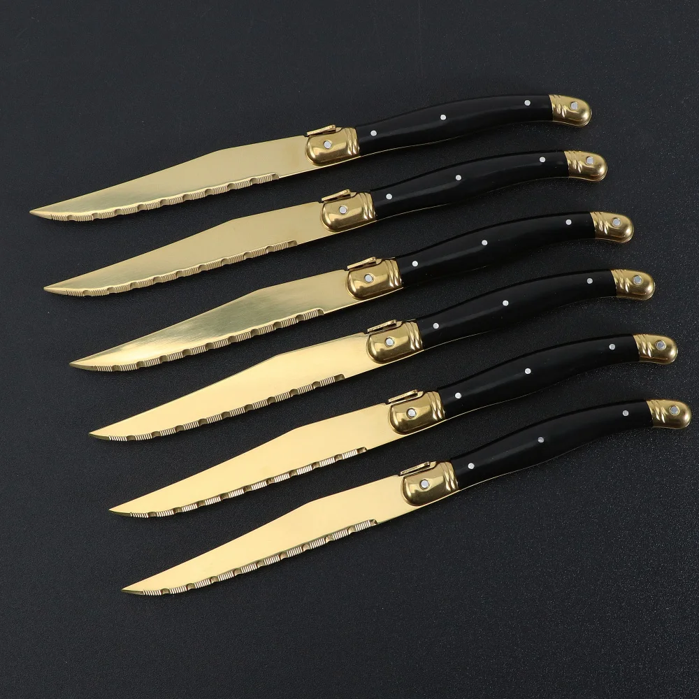 4-12Pcs Steak Knives Set Golden Sharp Knives Food Grade Titanium Gold Plating Dinnerware Sets For Wedding Upscale Dinnerware