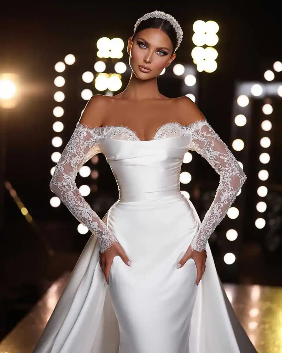 Abito da sposa sexy a sirena manica lunga in pizzo treno staccabile Sweep Train Abiti da sposa Chiesa formale personalizzato Vestido De Novia