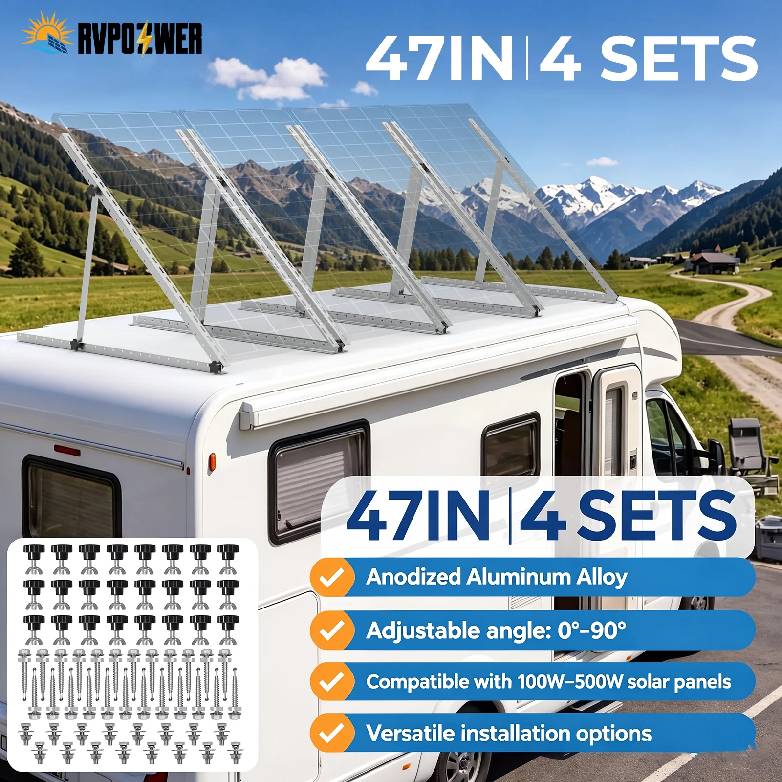 Rvpozwer 47 Zoll 4/2/1 Sets Verstellbare Solarmodul-Neigungshalterungen mit klappbaren Neigungsbeinen für Dachmontage an netzunabhängigen Wohnmobilen und Booten