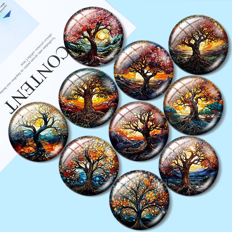 Tree of Life Stained Glass 12mm/16mm/20mm/25mm/30mm demo flat back making mixed 10pcs Round photo glass cabochon findings