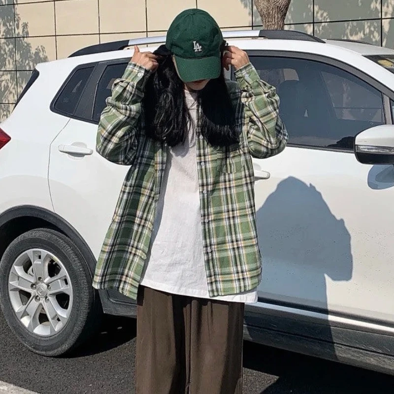 Plaid Shirts Streetwear Harajuku Baggy Leisure Korean Style Turn Down Collar Vintage All Match Spring Autumn Clothing Students