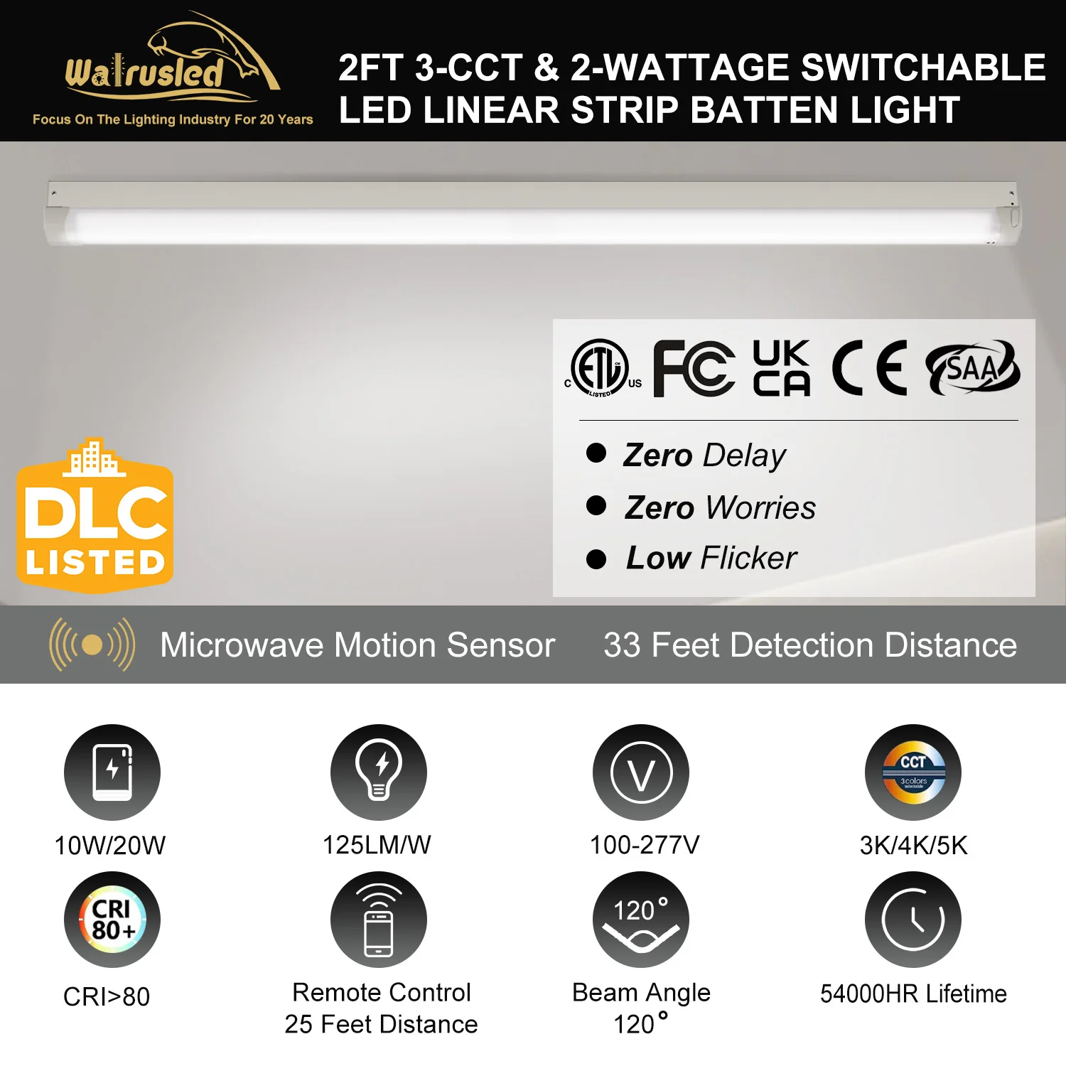 Luce per scale a striscia lineare a LED con sensore di movimento a tre livelli da 2 piedi con telecomando 20W 2500lm 3/4/5000K, plafoniera per negozio dimmerabile ETL