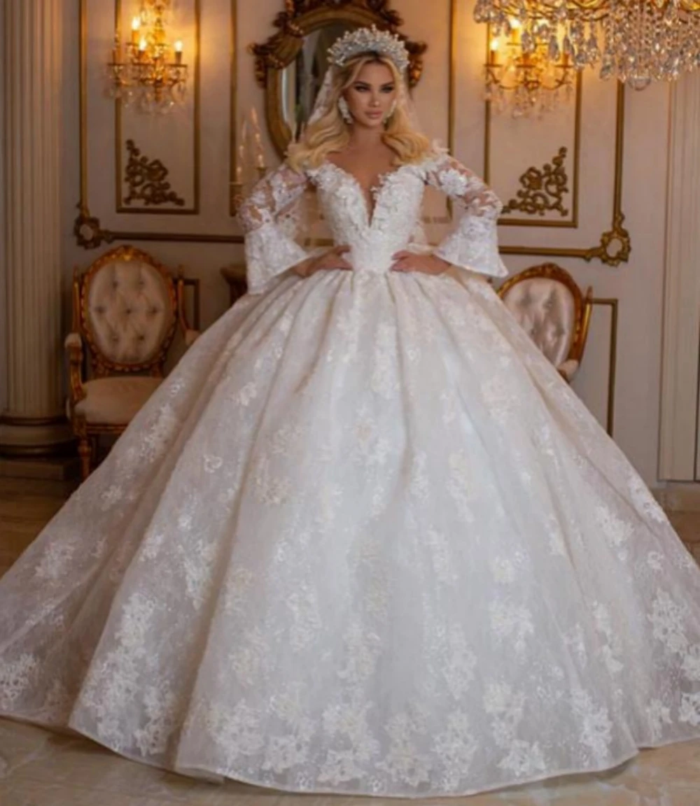 EVLAST Long Sleeve Wedding Dress 2024 Shiny Beaded Appliqued Lace Ball Gown Princess Bride Gown Plus Size Vestido de Noiva TBD01