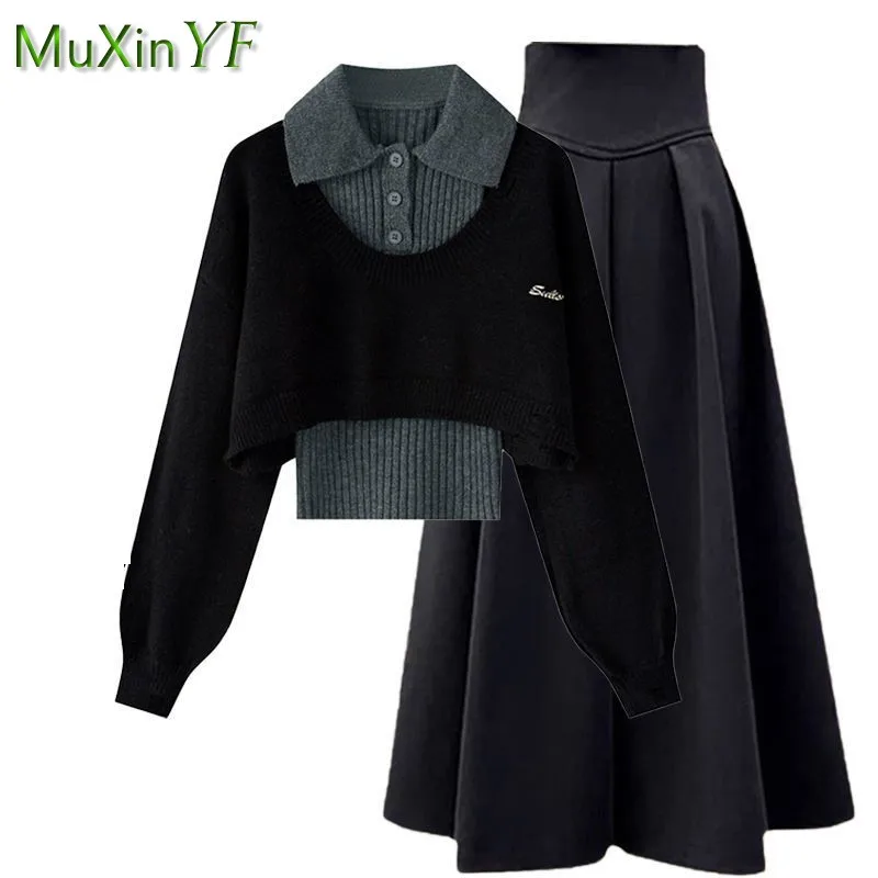 Women Fall/Winter New Retro Short Sweater+Knit Vest+High Waist Midi Skirt 3-Piece Suit Korean Elegant Hoodie Dress Matching Set