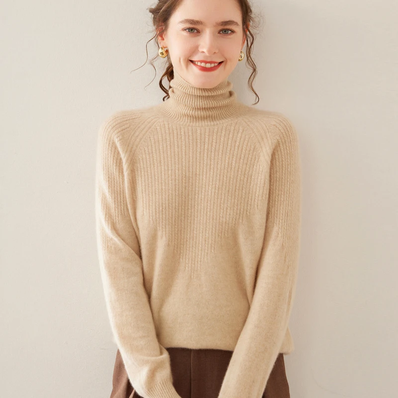 

Classic first-line ready to wear women's wool pullover sweater with high neck, long sleeves, knitted pattern, high-quality top