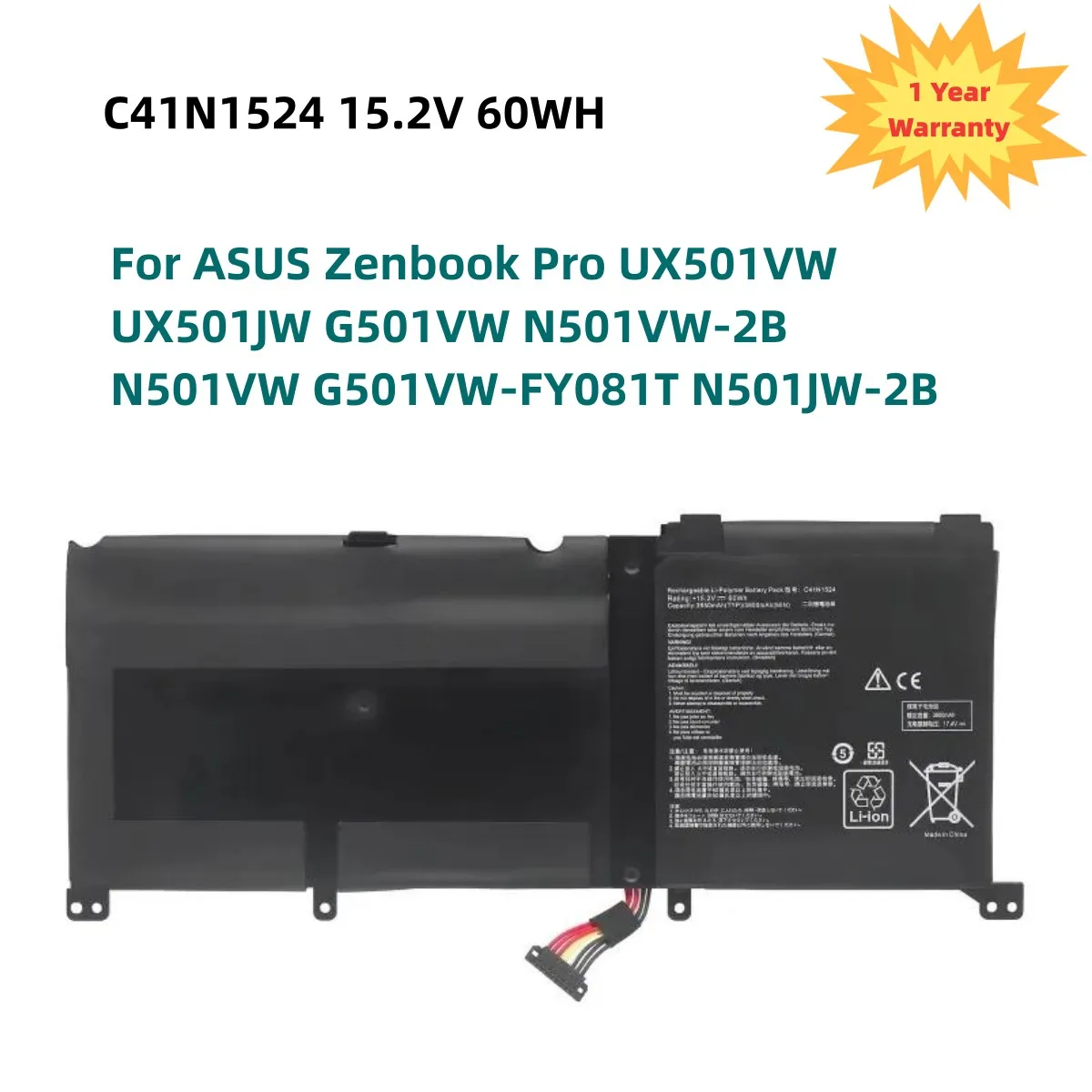 

C41N1524 Laptop Battery for ASUS Zenbook Pro UX501VW UX501JW G501VW N501VW-2B N501VW G501VW-FY081T N501JW-2B 15.2V 60WH