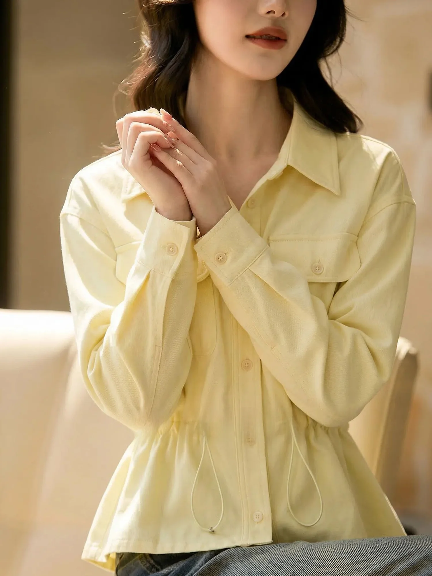 

Элегантная желтая рубашка с длинными рукавами, женская рубашка свободного кроя с эффектом утончения талии, летняя рубашка для повседневной носки, удобная ткань из вискозы