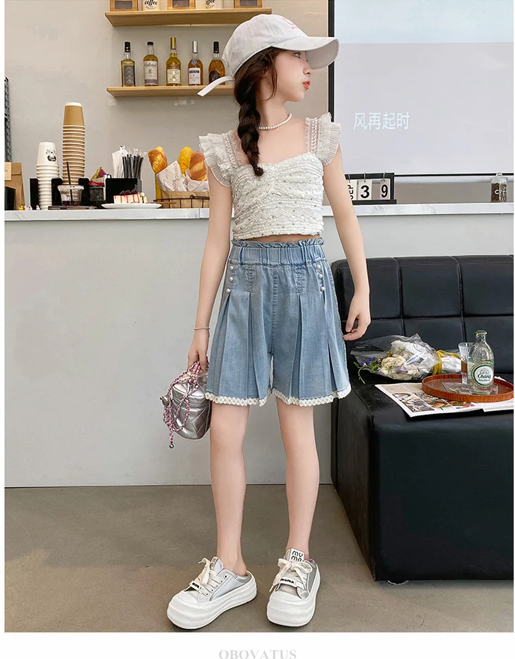 Sommer-Jeansshorts für Kinder mit Spitze am Saum, für Mädchen, elegante, plissierte Mini-Jeansshorts mit Perlen, Größe 5, 7, 9, 11, 13, 14 Jahre. – Detail 4