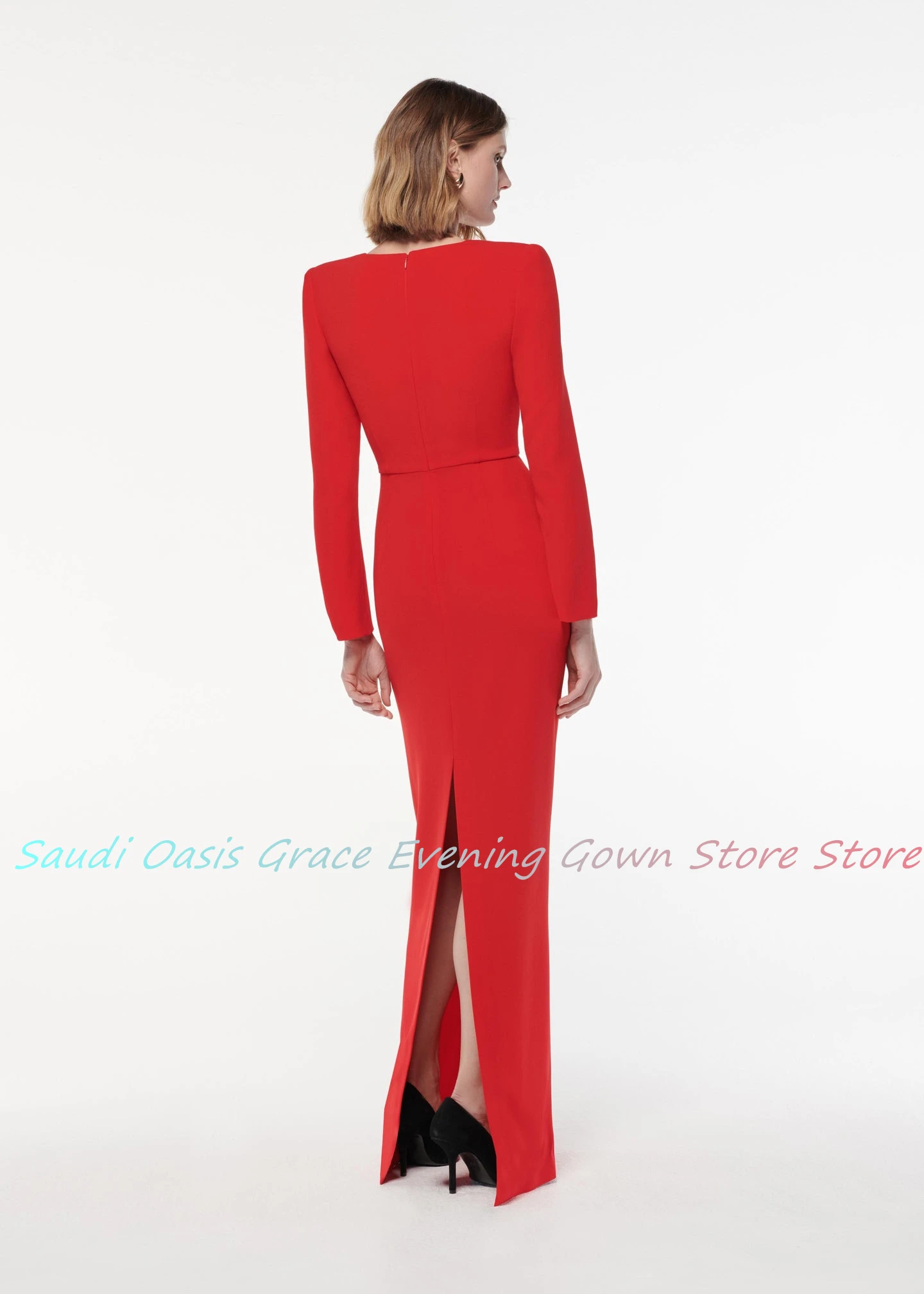 Vestido de noite clássico jérsei reto com decote em V moda até o chão fenda nas costas mangas compridas فسات intelliفvani3).