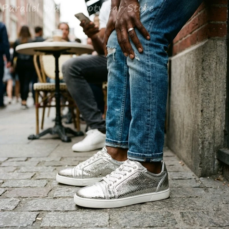 Fashion Men Skate Sneakers Silver Glitter Shiny Sequins Conical Rivets Studded Low Top Lace Up Party Flat Trainer Shoes Sneakers