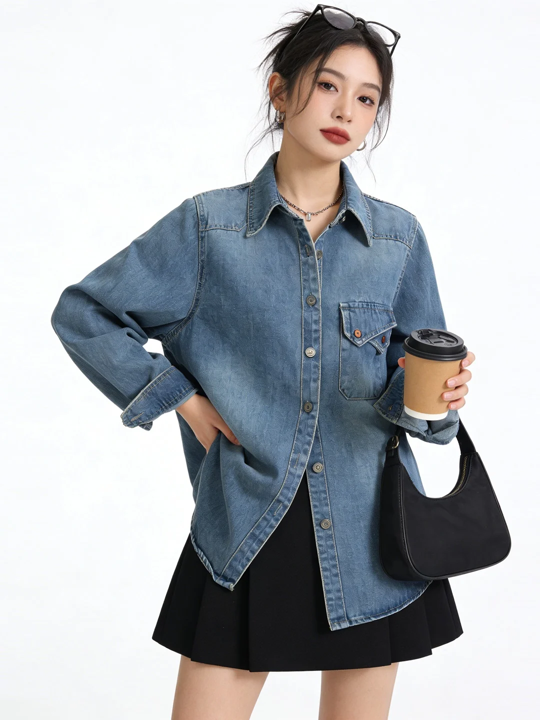 

Женская джинсовая рубашка свободного кроя в корейском стиле с воротником, на пуговицах, с длинными рукавами, для весны и лета, повседневная, с защитой от солнца