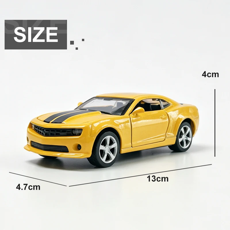 Camaro Bumblebee em escala 1:36, modelo de carro vintage em liga metálica, réplica de veículo miniatura com sistema de fricção para coleção ou presente.