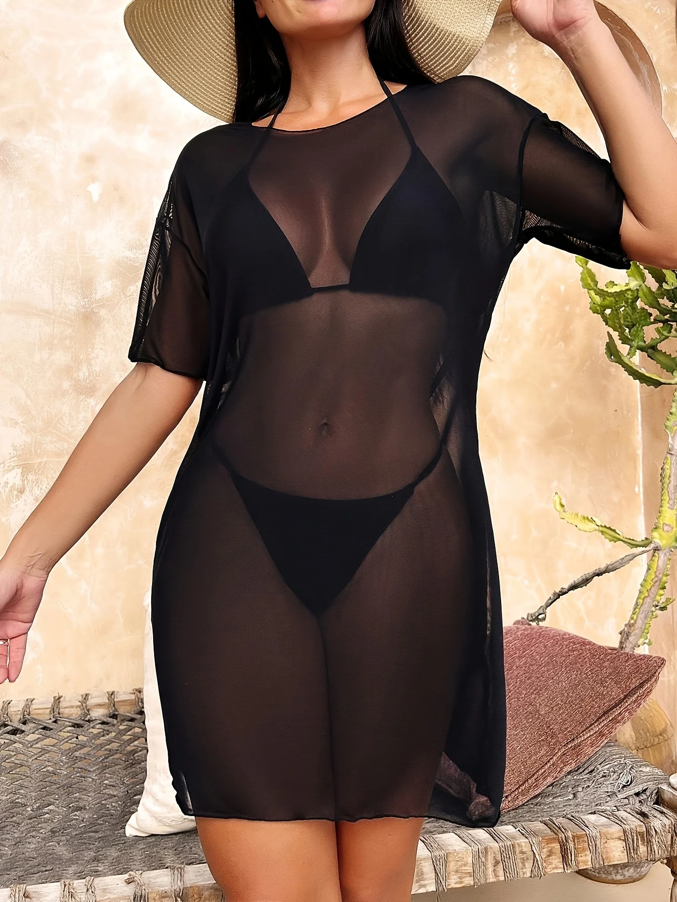 Damen-Badeanzug-Überzug mit Netzrock, einteiliges Badeanzug-Oberteil, rein schwarzes, sexy, halbtransparentes Strandkleid mit halben Ärmeln, Bikini-Oberbekleidung