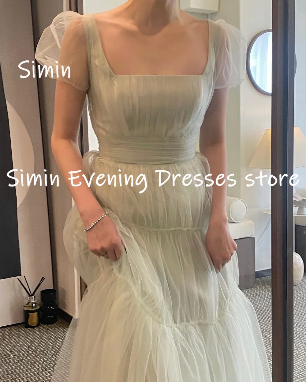 Simin Tulle a-line scollo a barca in pizzo con volant elegante e graziosa sposa per abiti da sposa formali lunghi fino al pavimento per donna 2023