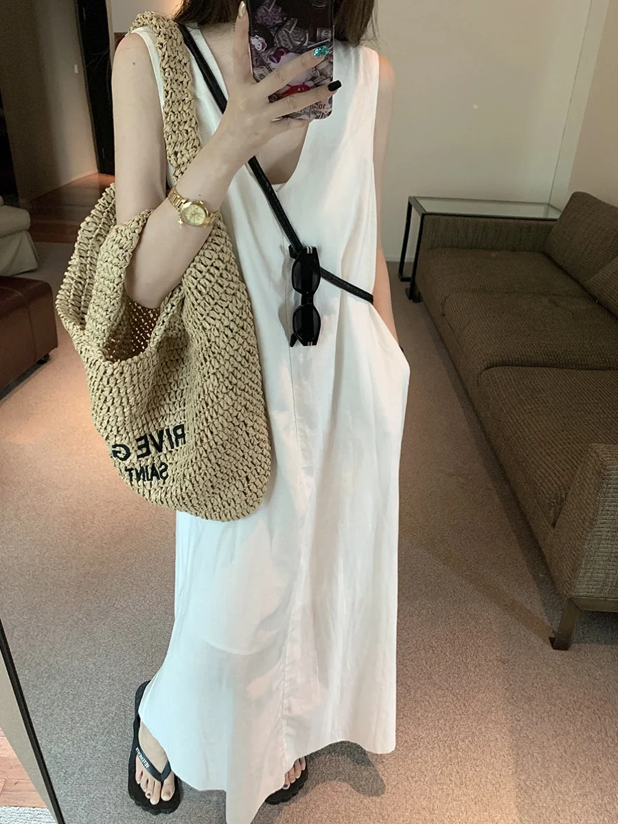 White Linen V-neck Vest Dress Women Summer 2024 New Design Loose Simple Sleeveless Long Skirt