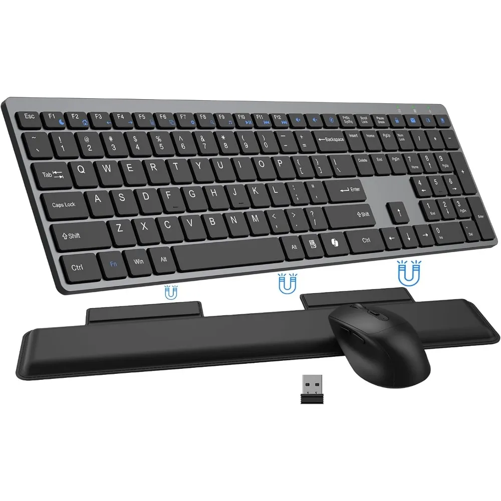 Full Size Silent Ultra Thin Wireless Keyboard and Mouse Combo with Magnetic Wrist Rest for Computer, Mac, Laptop, PC, Windows