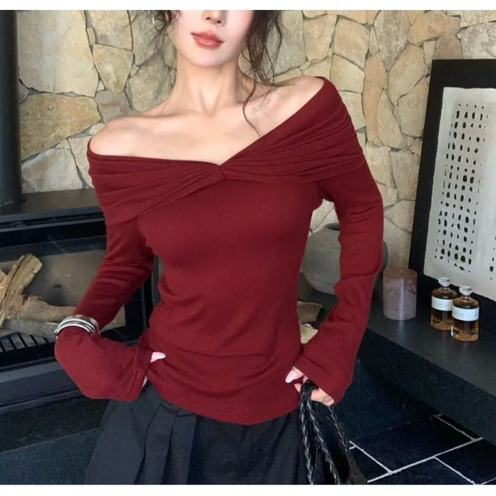 Sexy Slim Fit Long Sleeve T Shirt Women Off Shoulder Elegant Autumn Winter Casual Solid Color Fashion Inner Layer Top