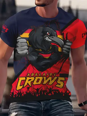 Adelaide Crows Men'S Plus Size 3D Graphic T-Shirt - Bold Crow & Flame Print, Breathable Polyester, Regular Fit Short Sleeve