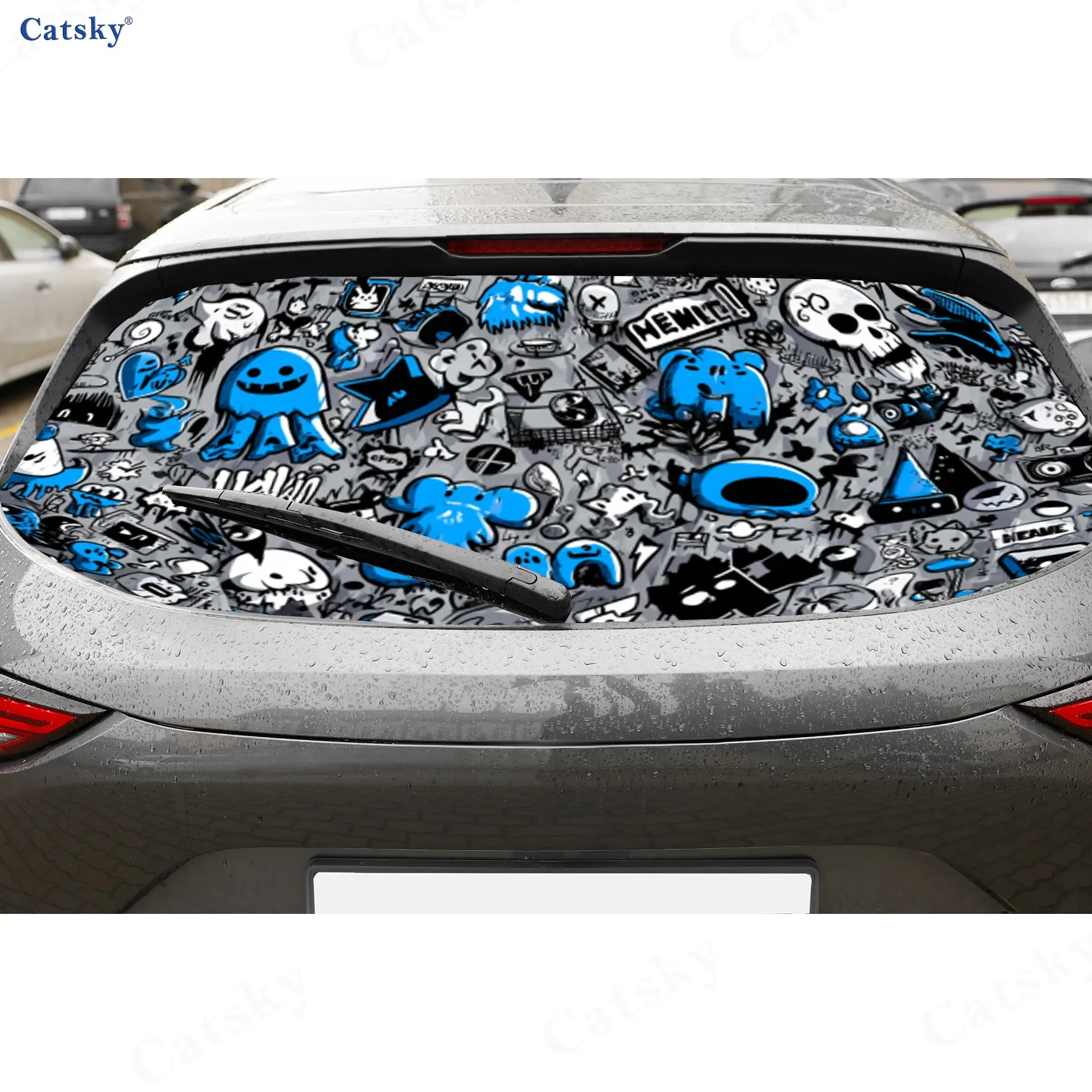 Blue & White Cool Graffiti PVC Perforated Car Vinyl Wraps, Durable Car Rear Windshield Sticker, Waterproof Car Rear Window Decal