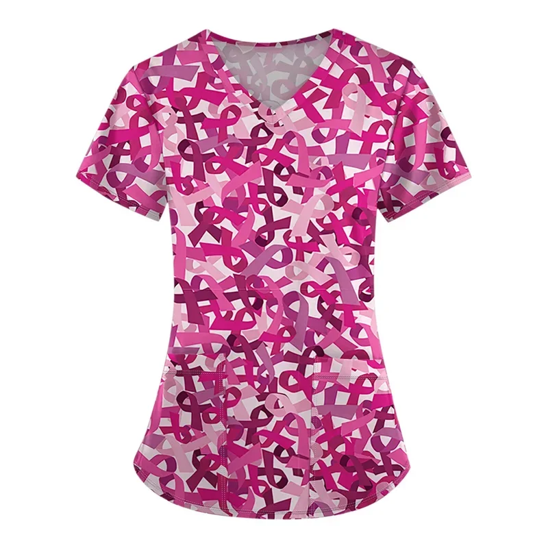 Damen-Krankenpflegehemd mit rosa Schleifendruck, kurzärmelig, VNurse-Uniform mit Taschen für klinische Arbeit. – Detail 3