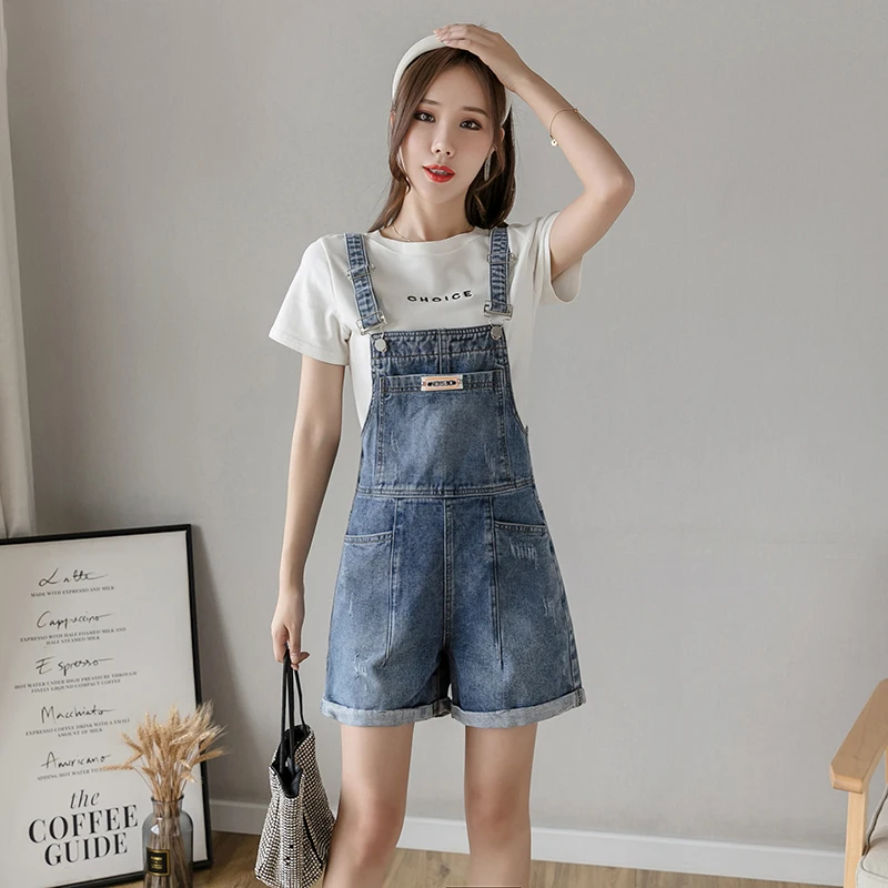 

Women Denim Strap Shorts Korean Style Casual Wide Leg Straight Jeans Summer Casual Short Jumpsuit Female Playsuits