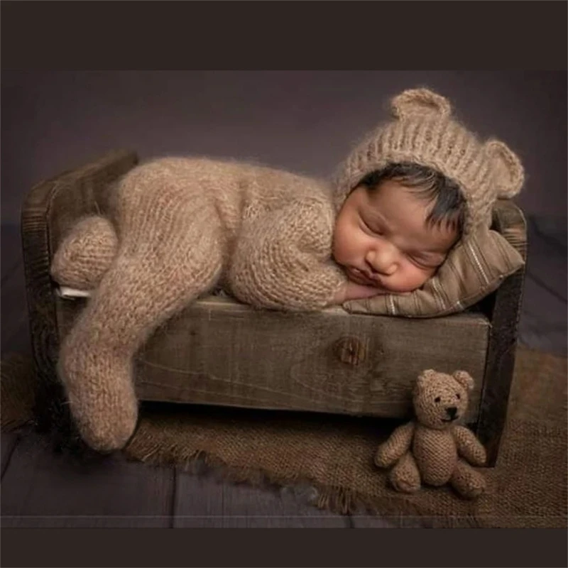 Newborn Photo Props Mohair Bear Costume Bonnet Hat Baby Footed Romper PhotoShooting Clothes Photostudio Accessory 2PCS