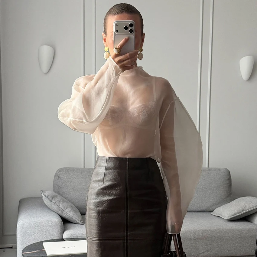 Linad Elegant Brown Mesh O Neck Blouse Women 2025 Sexy Apricot Sheer Shirt Female Autumn Street Chic Loose Long Sleeve Tops New