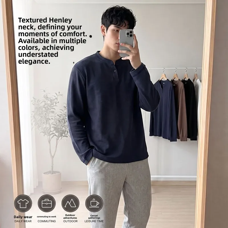 QICHE 2026 Autumn Henley Long Sleeve T Shirt Men Loose Waffle Texture V Neck Undershirt