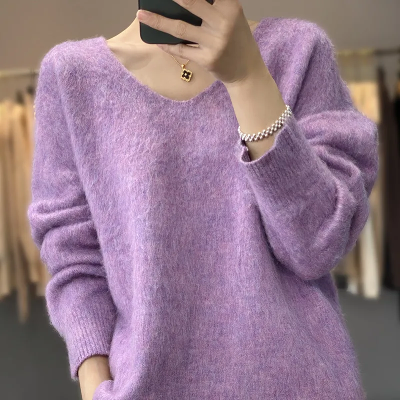 Autumn Winter Women 100% Pure Wool Cashmere Sweater V-neck Brushed Pullover Casual Knit Solid Color Regular Female Loose Tops