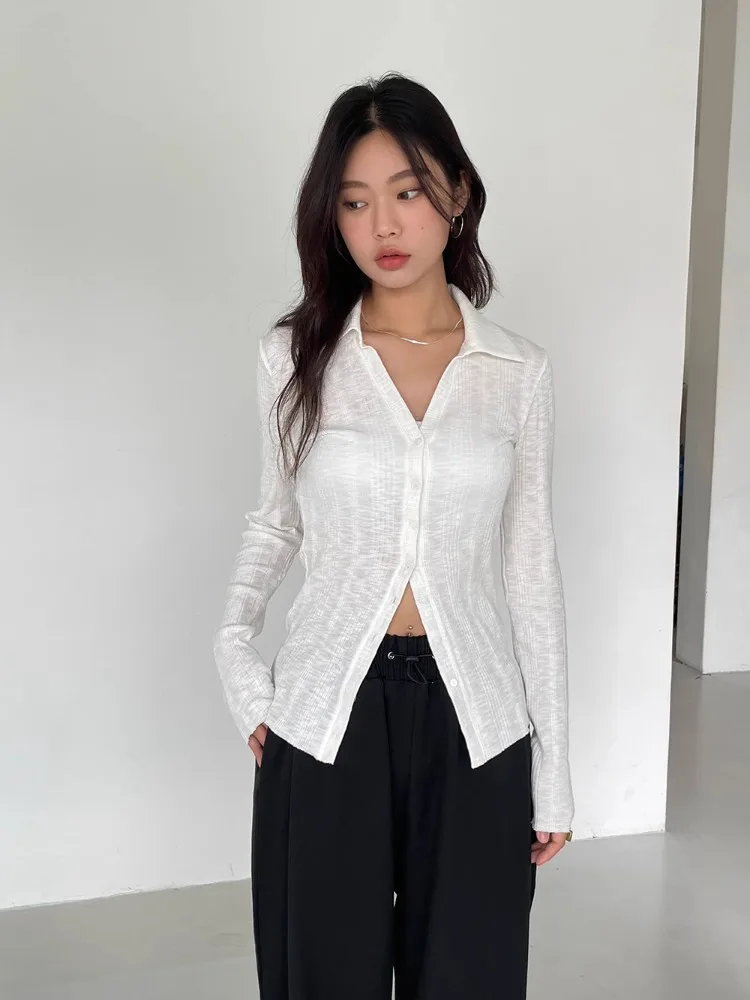 Fashion Sexy Slim Fit Blusas De Mujer Y2k E-Girl V-neck Single Breasted White Blouses 2024 New Long Sleeve Shirts Women