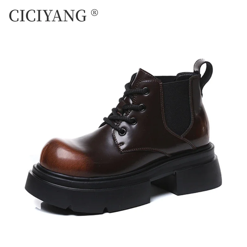 

CICIYANG Autumn Boots for Women Genuine Leather Retro Ankle Boots 2025 New Lace-up Anti-slip Booties Ladies British Style Boots