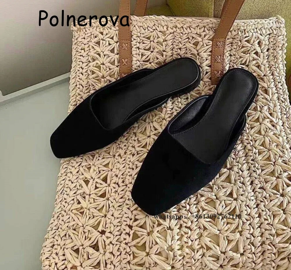 Black Square Toe Half Slippers Flat With Women's Shoes Summer Causal Fashion Female Outerwear Solid Slip On Sewing Slippers