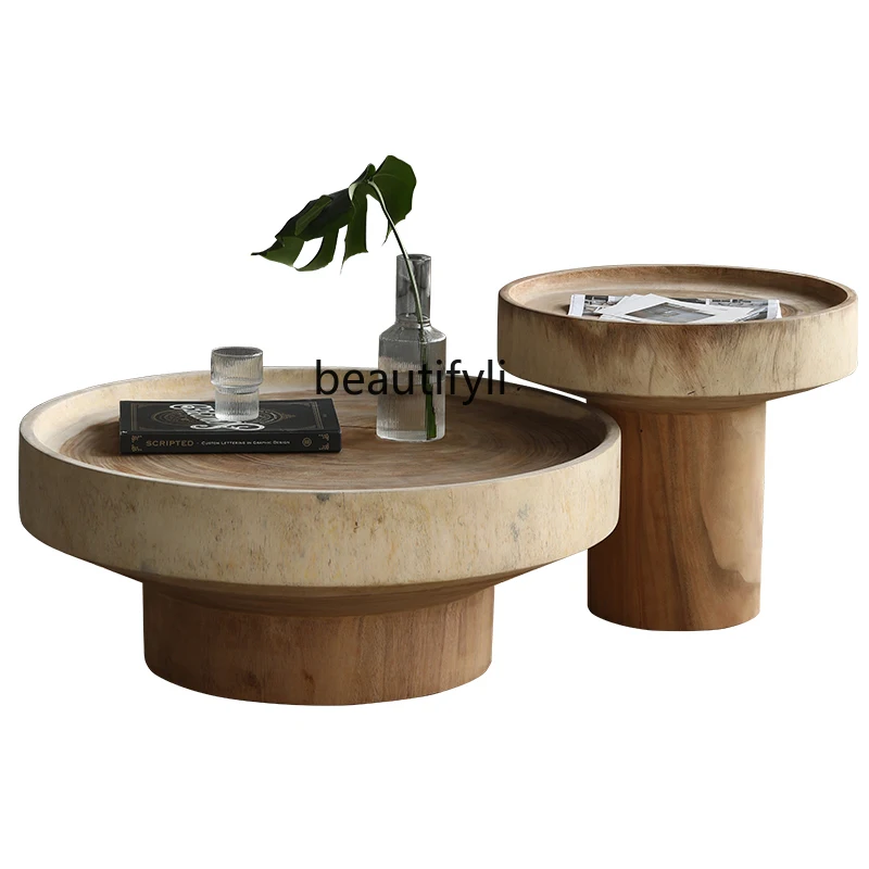 

Miji Style Wooden Pier Tea Table B & B Solid Wood round Tea Table Living Room Original Ecological Designer Root Carving Log