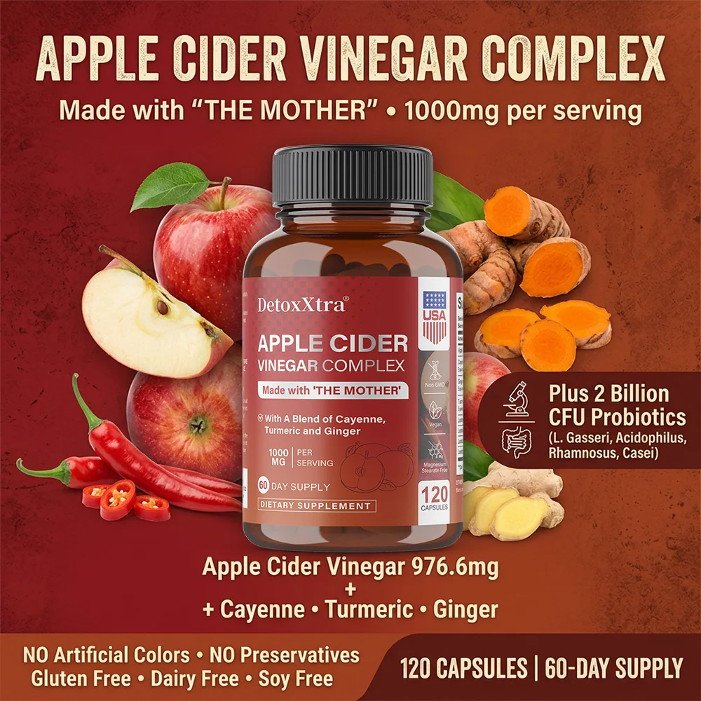 

Apple Cider Vinegar Capsules with Probiotics Turmeric Ginger Cayenne Pepper, Detox Circulatory & Immunity & Digestive Support