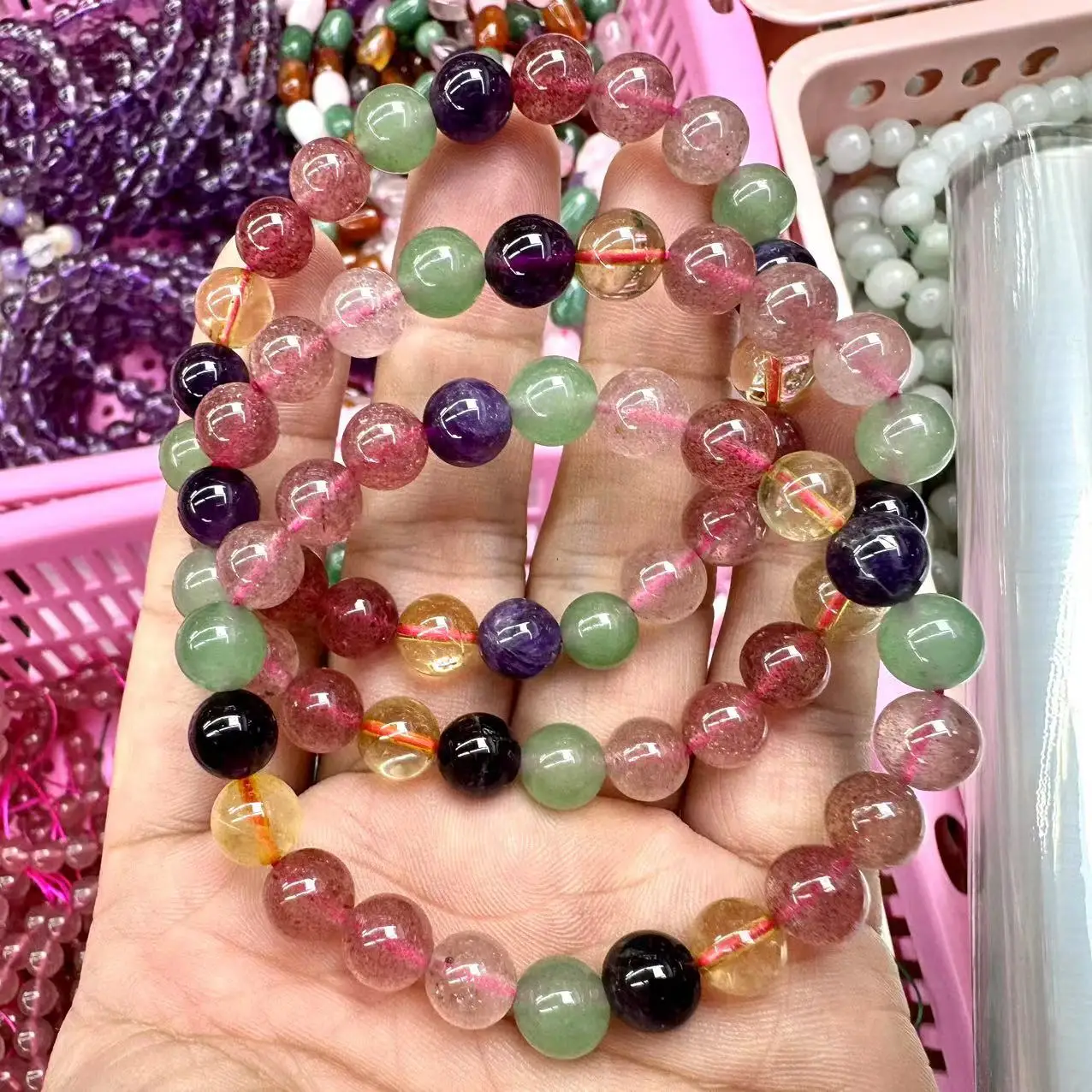 8-9mm Natural Stone Bracelet ：Red Strawberry Quartz Green Strawberry Quartz Amethyst Citrine Crystal Gemstone Jewelry For Women