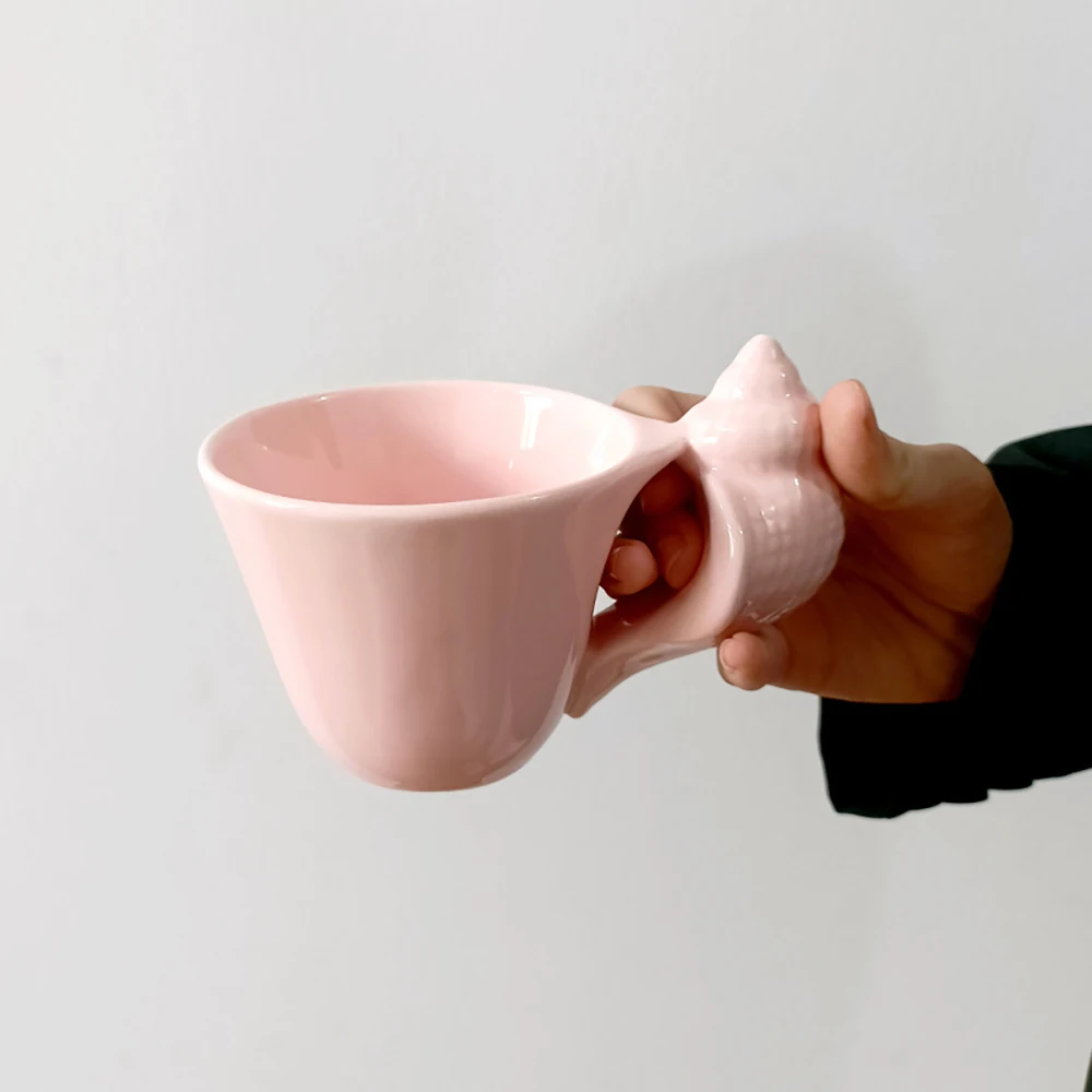 Creative Ceramic Shell Cup 3D Conch Handle Glossy Glaze Shell Mugs Home Office Daily Use Tea Milk Latte Coffee Mug Drinkware