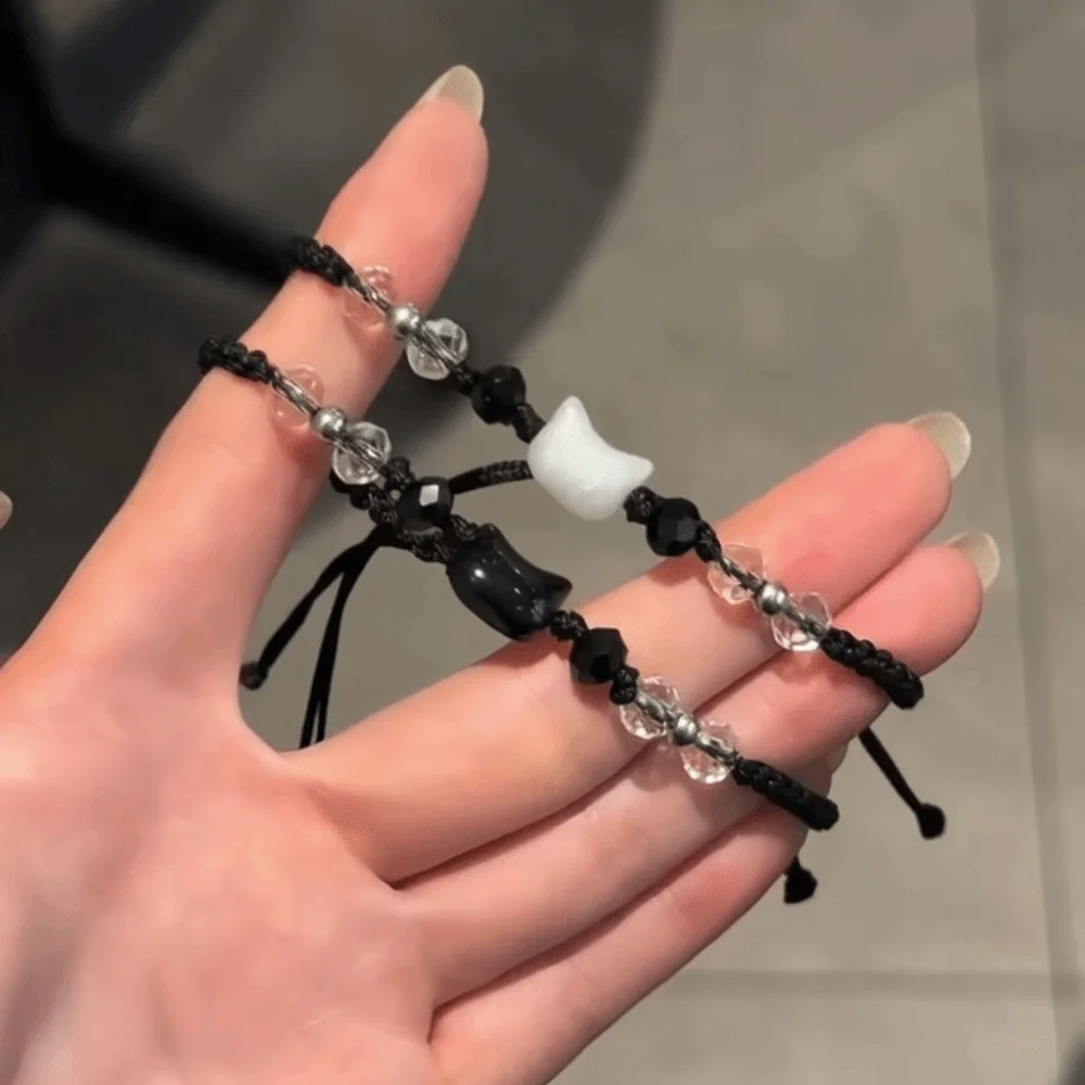 Unique Minimalist Design Couple Bracelet Cute Moonstone Obsidian Rabbit Woven Bracelet Black White Beaded Cat Bracelet Unisex
