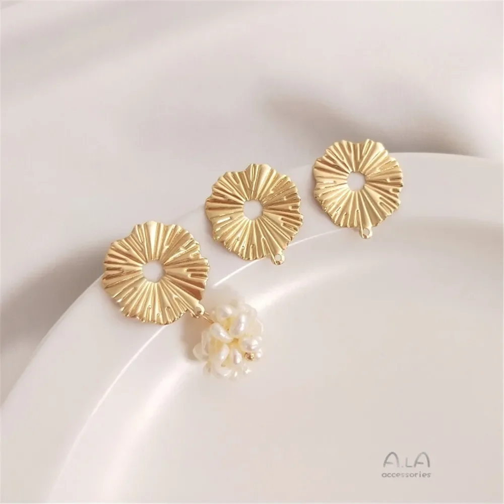 Pendientes colgantes con cinturón de encaje de hoja de loto chapados en oro de 14 quilates, pendientes de aguja de plata S925, accesorios de pendientes diy hechos a mano