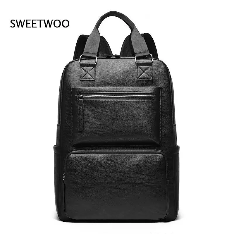 Men Faux Leather Laptop Backpack Dual Top Handles Multiple Zipper Pockets Large Capacity Business Work Travel Rucksack