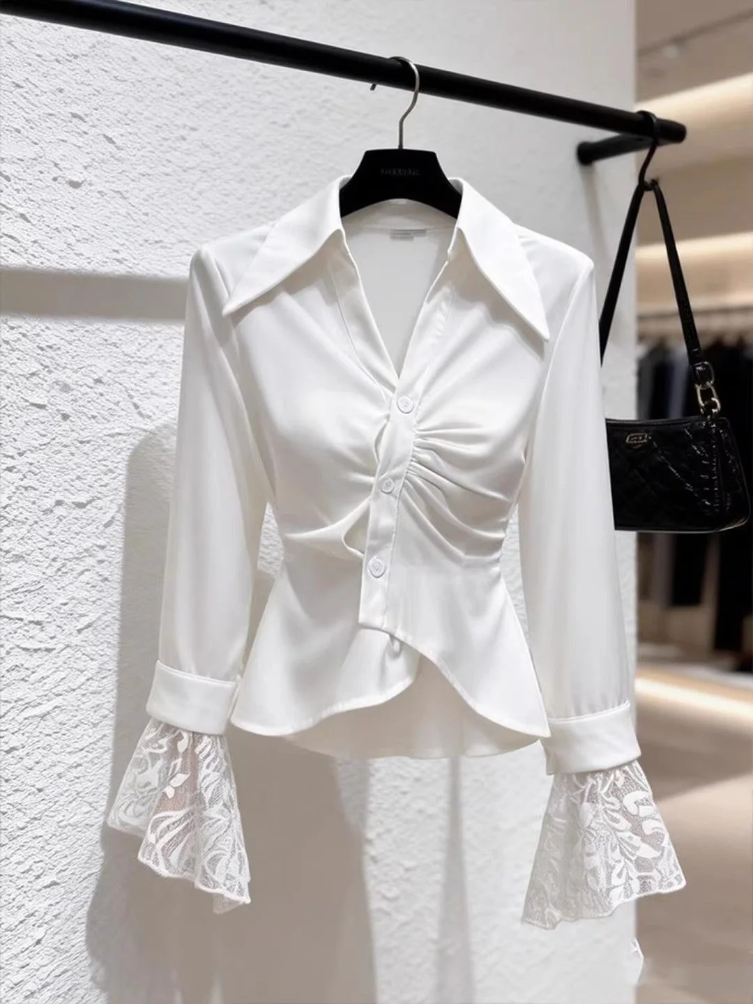 Elegant White Lace Splice Bell Sleeve Shirt Women's Fashion Spring New Style Ageless Chic Unique Top Design Sensation