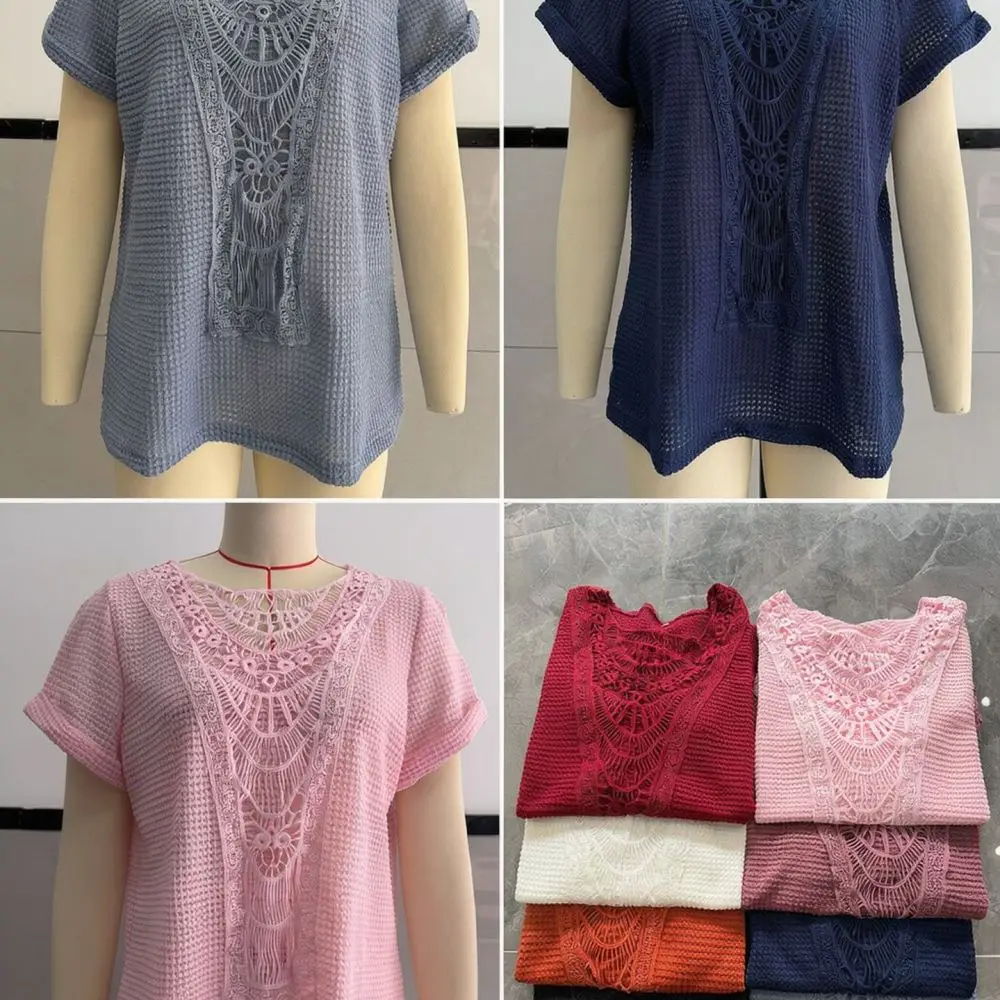 Womens Casual Short Sleeve T Shirt Summer Elegant Lace Patchwork Pullover Top Breathable Comfortable Fashion Office Lady Tee