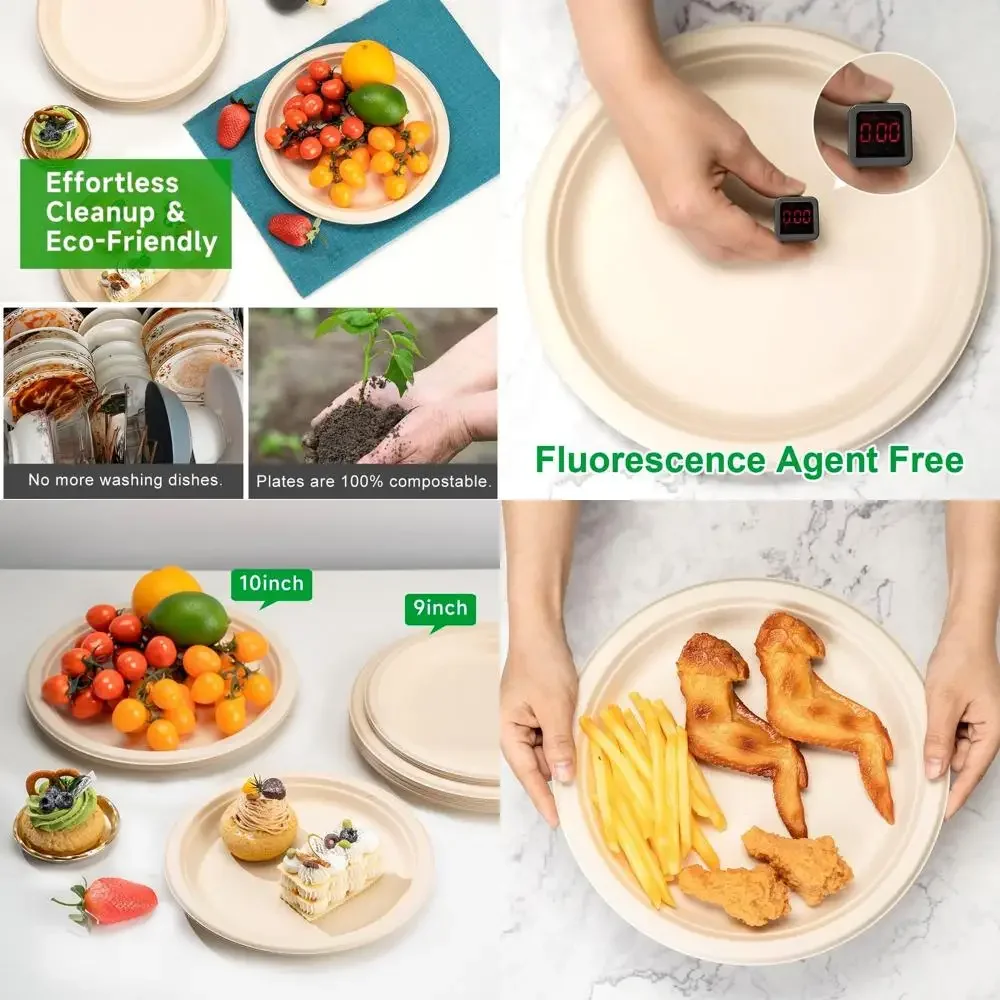 

10 Inch Compostable Paper Plates, 500 Pack, Heavy Duty, Natural Sugarcane Fiber, Unbleached Brown, Round