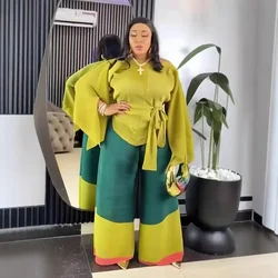 Fold Pleated Women 2 Piece Set 2025 Spring New Top + Wide Leg Pants Two Piece Large Size Color Blocking Set