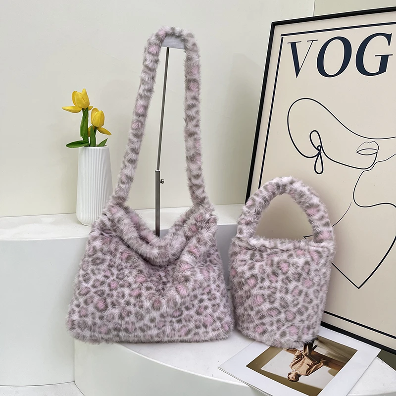 

2025 Autumn/winter New Fashion Casual Tote Velvet Leopard Hasp Soft Thicken Bags Korean Style Advanced Versatile Shoulder Bags