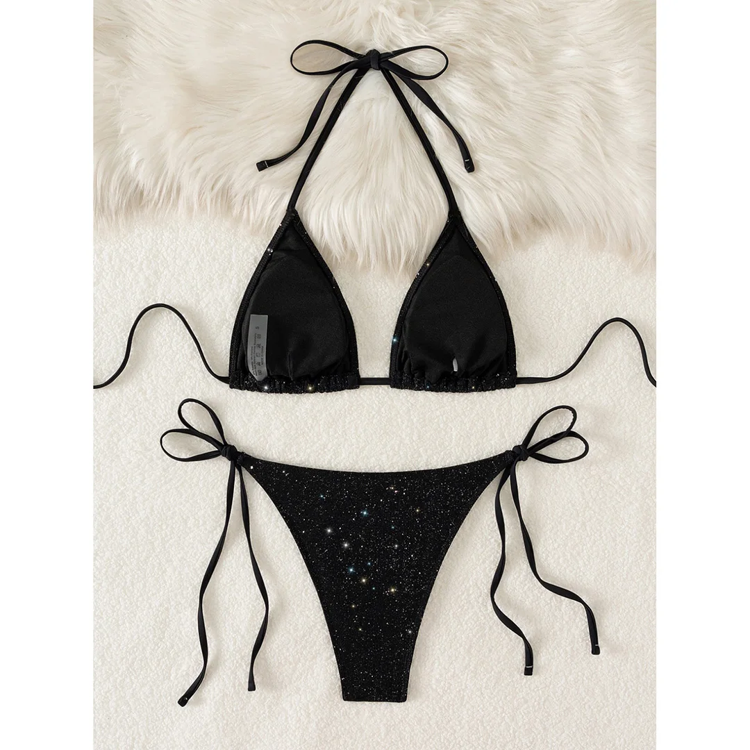 Glitzernder, funkelnder Neckholder-Bikini mit hohem Beinausschnitt, Damen-Badebekleidung, zweiteiliger Bikini-Set, Badeanzug, Badebekleidung, Schwimmbekleidung V5501R – Detail 39