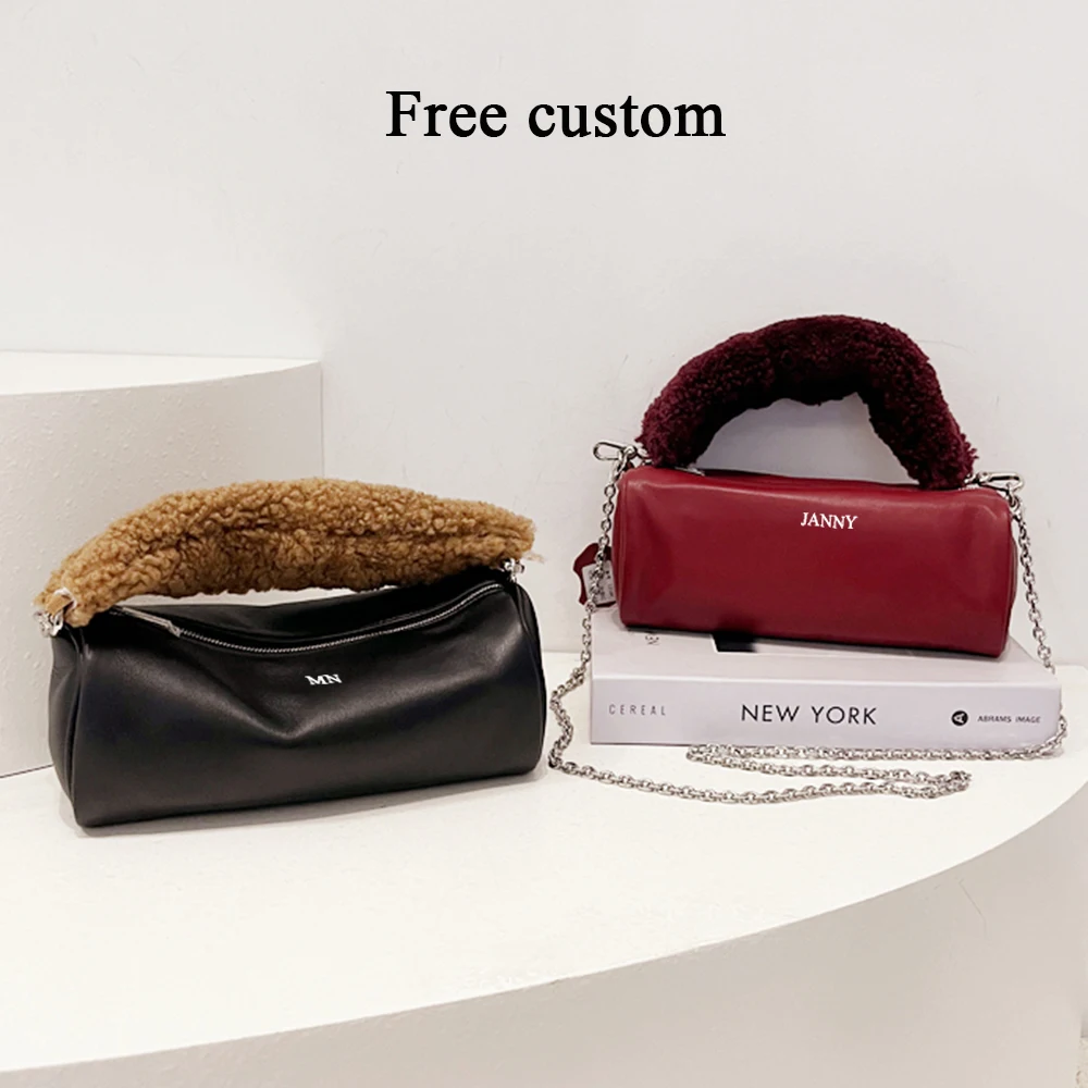 Fur Wool Handle Women Luxury Bags Designers Custom Name Genuine Leather Party Evening Chain Crossbody Bag Female Pouch Handbag